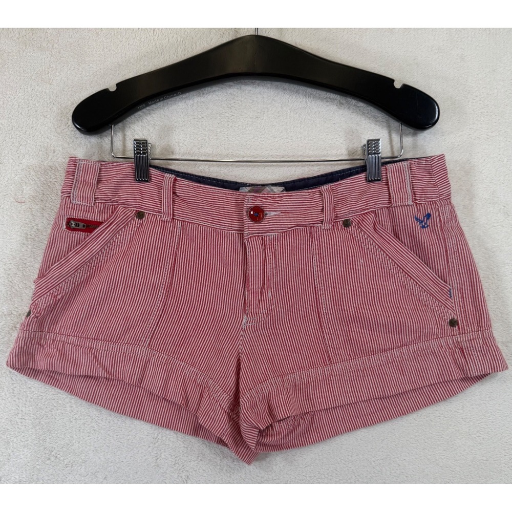 American Eagle Y2K Red/White Striped Buckle Shorts Womens 12 Hickory Stripe
